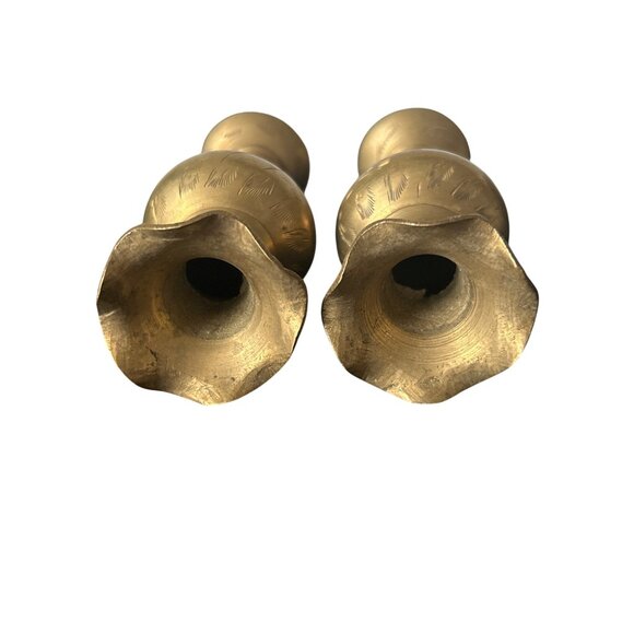 Pair of Vintage Brass Bud Vases Decorative Etched Design Scalloped Edges 5" Tall - Picture 5 of 6